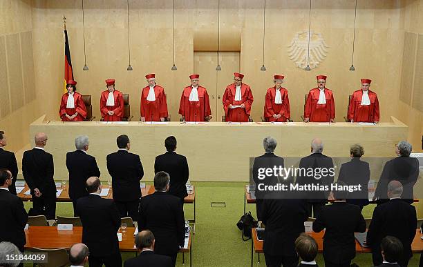 Judges of Germany's Constitutional Court arrive to give their verdict on Germany's ratification of the European Stability Mechanism and fiscal...