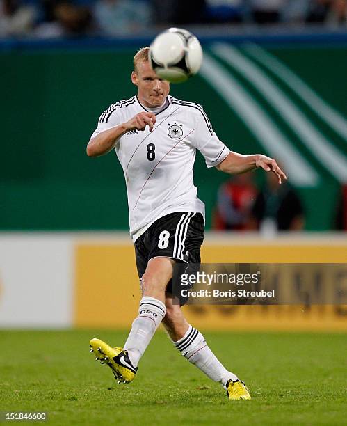 Sebastian Rode of Germany kicks the ball during the Under 21-Euro qualifier match between Germany U21 and Belarus U21 at DKB Arena on September 7,...