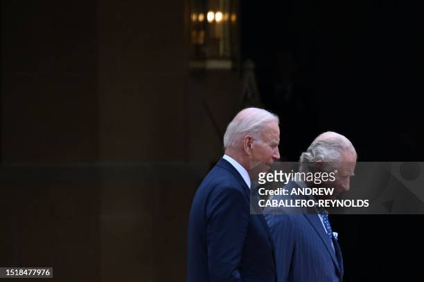 President Joe Biden and Britain's King Charles III inspect the Guard of Honour formed by the Welsh Guards, during a ceremonial welcome in the...