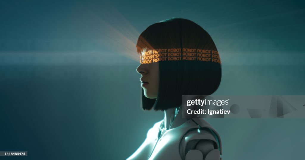 The neon signs "robot" moves in the air in front of the cyborg girl's eyes