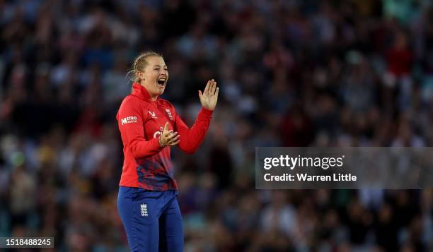 Sophie Ecclestone of England celebrates winning the Women's Ashes 2nd Vitality IT20 match between England and Australia at The Kia Oval on July 05,...