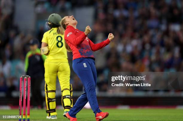 Sophie Ecclestone of England celebrates winning the Women's Ashes 2nd Vitality IT20 match between England and Australia at The Kia Oval on July 05,...