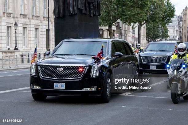 President Joe Biden arrives in the United States presidential state car, which is knicknamed 'The Beast' in the capital for talks with the British...