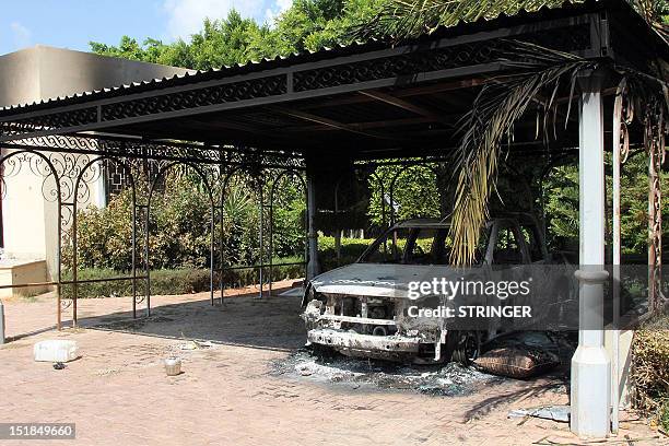 The wreckage of a car sits inside the US Embassy compound on September 12, 2012 in Benghazi, Libya, following an overnight attack on the building....