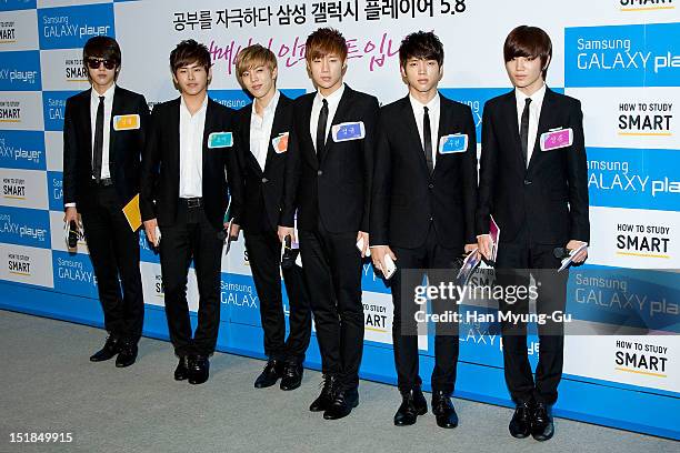 Sung Yeol, Hoya, Dong Woo, Sung Kyu, Woo Hyun and Sung Jong of South Korean boy band Infinite attend during the promotional event of "Galaxy Player...