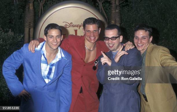 Pop grou 98 Degrees: Jeff Timmons, Nick Lachey, Justin Jeffre and Drew Lachey attend the "Mulan" Hollywood Premiere on June 5, 1998 at the Hollywood...