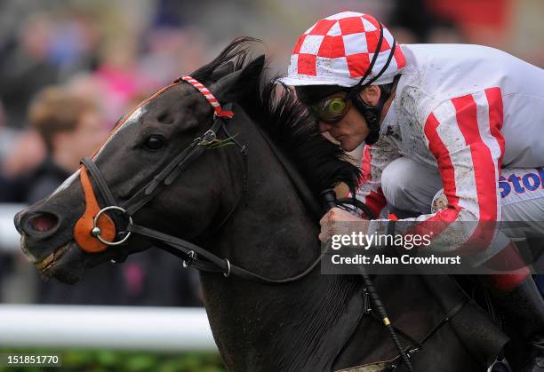 Johnny Murtagh riding Sole Power win the Scarbrough Stakes at Doncaster racecourse on September 12, 2012 in Doncaster, England.