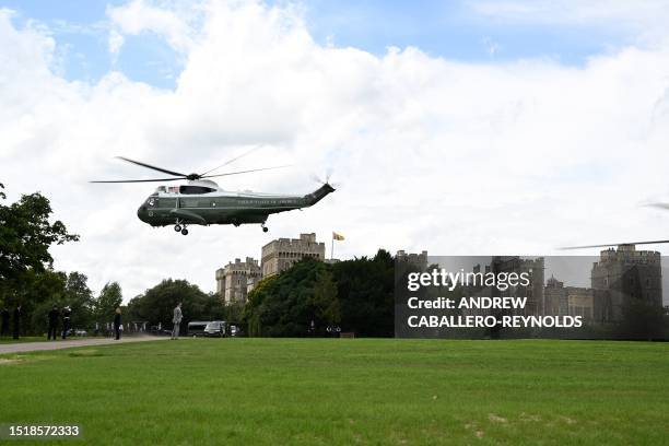 President Joe Biden leaves on Marine One after meeting with Britain's King Charles III at Windsor Castle in Windsor on July 10, 2023. US President...