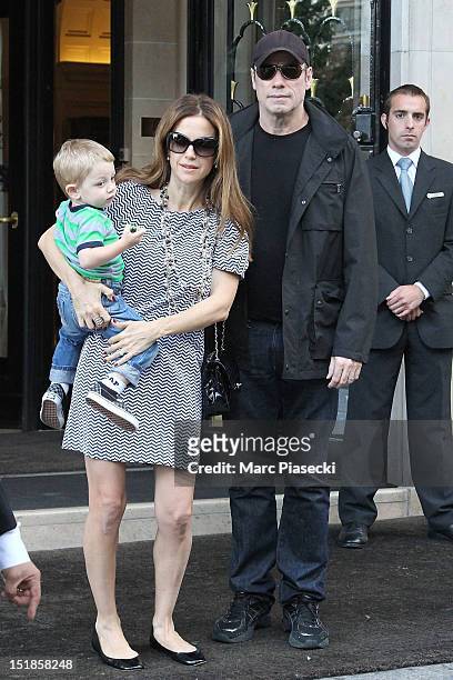 Actor John Travolta, his wife Kelly Preston and their son Benjamin are seen at the 'Four Seasons George V' hotel on September 12, 2012 in Paris,...