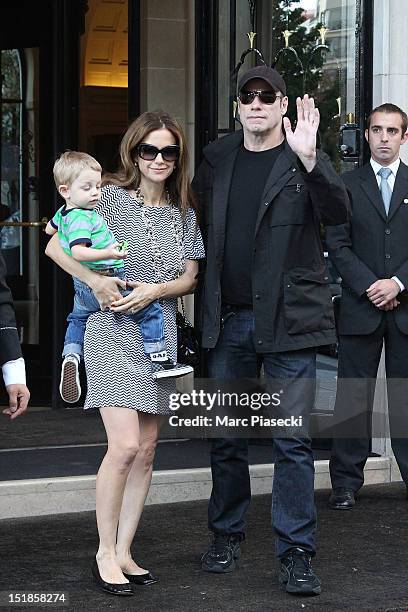 Actor John Travolta, his wife Kelly Preston and their son Benjamin are seen at the 'Four Seasons George V' hotel on September 12, 2012 in Paris,...