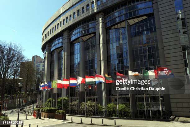 european national flags in front of european parliament building. - tutte le bandiere del medio oriente foto e immagini stock