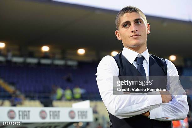 Marco Verratti of Italy looks on prior to the FIFA 2014 World Cup qualifier match between Italy and Malta on September 11, 2012 in Modena, Italy.