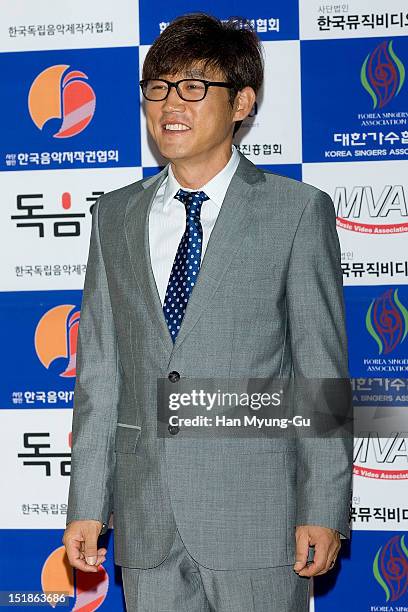 Kim Tae-Hyung of former boy band Sobangcha arrives the launch event of "Popular Music Promotion Committee" on September 12, 2012 in Seoul, South...