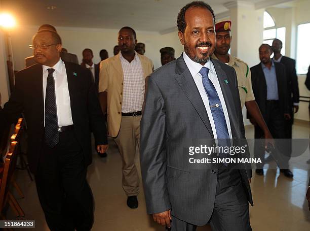 Newly elected Somali president Hasan Sheikh Mahmud arrives at the Jazeera hotel in Mogadishu on September 12, 2012 in Mogadsihu. Somalia's president...