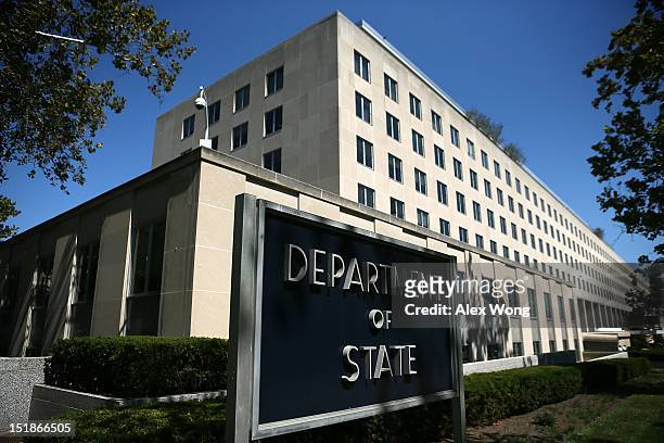 Sign stand outside the U.S. State Department September 12, 2012 in Washington, DC. U.S. Ambassador to Libya J. Christopher Stevens and three other...