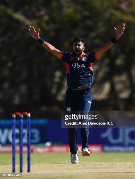 Ali Khan of USA appeals unsuccessfully during the ICC Men's Cricket World Cup Qualifier Zimbabwe 2023 9th and 10th Playoff match between USA and UAE...