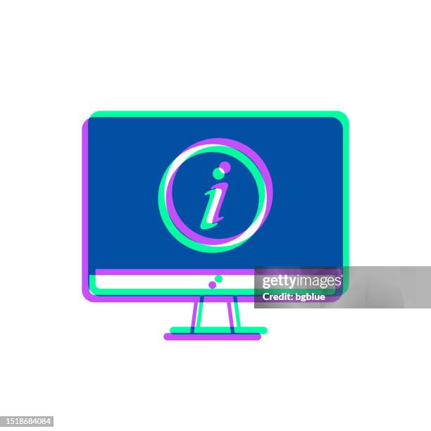 desktop computer with information sign. icon with two color overlay on white background - 2 computer screens stock illustrations