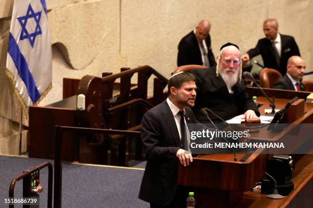 Israel's Finance minister Bezalel Smotrich speaks during a parliament meeting in Jerusalem on July 10, 2023.