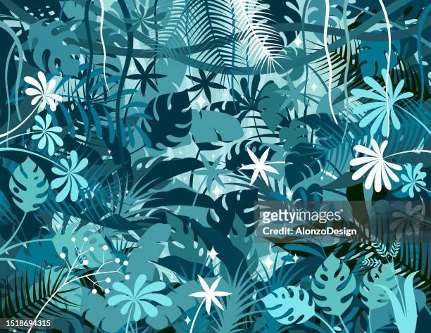 stockillustraties, clipart, cartoons en iconen met tropical rainforest background. jungle frame poster. - dark botanical fauna
