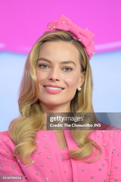 Actress Margot Robbie attends the press conference for "Barbie" at Four Seasons Hotel Seoul on July 03, 2023 in Seoul, South Korea.