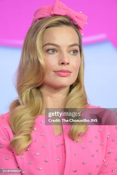 Actress Margot Robbie attends the press conference for "Barbie" at Four Seasons Hotel Seoul on July 03, 2023 in Seoul, South Korea.