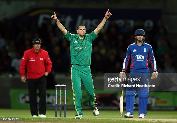Wayne Parnell of South Africa celebrates the wicket of Michael Lumb during the 3rd NatWest International T20 between England and South Africa at...
