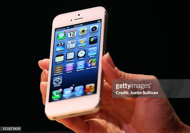 The new iPhone 5 is displayed during an Apple special event at the Yerba Buena Center for the Arts on September 12, 2012 in San Francisco,...