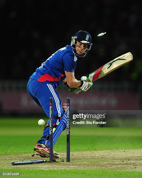 England batsman Jonny Bairstow is bowled by Morne Morkel during the 3rd NatWest International T20 between England and South Africa at Edgbaston on...