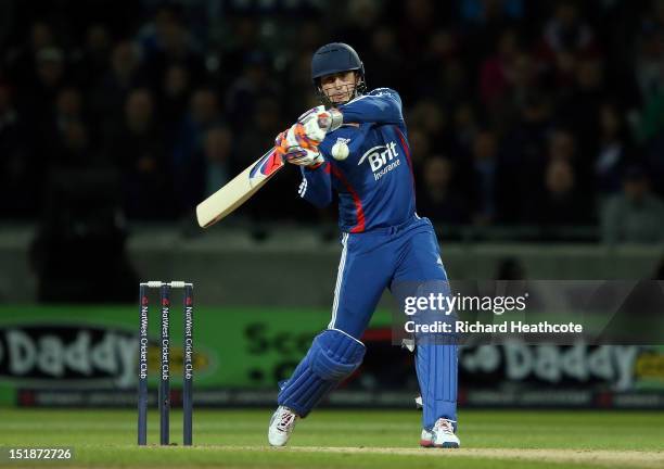 Craig Kieswetter of England smashes a six during the 3rd NatWest International T20 between England and South Africa at Edgbaston on September 12,...