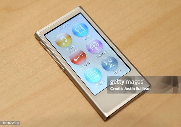 The new iPod Nano is displayed during an Apple special event at the Yerba Buena Center for the Arts on September 12, 2012 in San Francisco,...