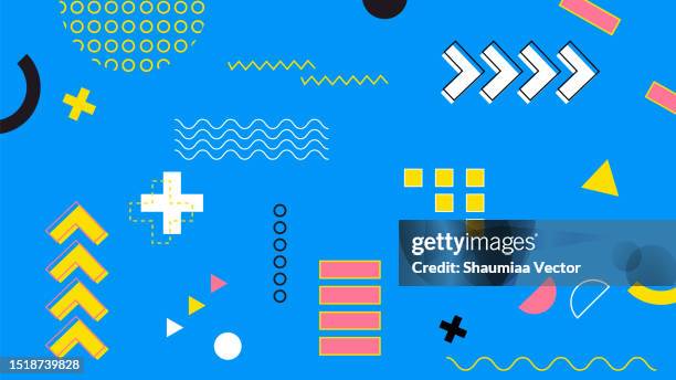 minimalistic colourful geometry abstract vector pattern design on blue background - 90s background stock illustrations