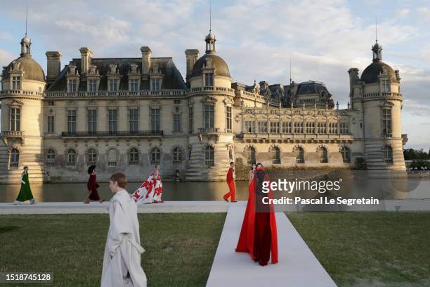 Models walk the runway during the Valentino Haute Couture Fall/Winter 2023/2024 show as part of Paris Fashion Week at Chateau de Chantilly on July...