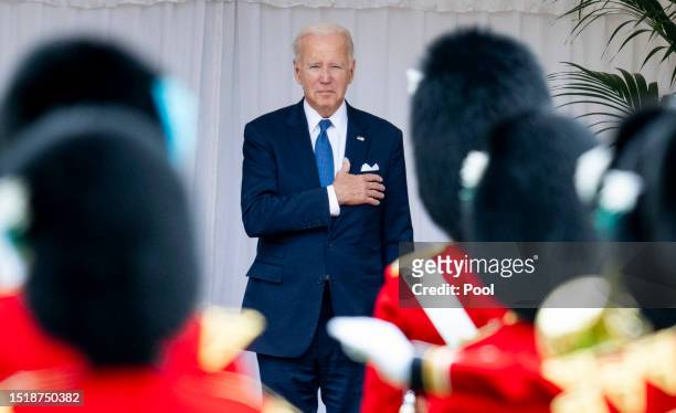 The President of the United States Joe Biden arrives to meet King Charles III at the dais in the Quadrangle before inspecting the Guard of Honour at...