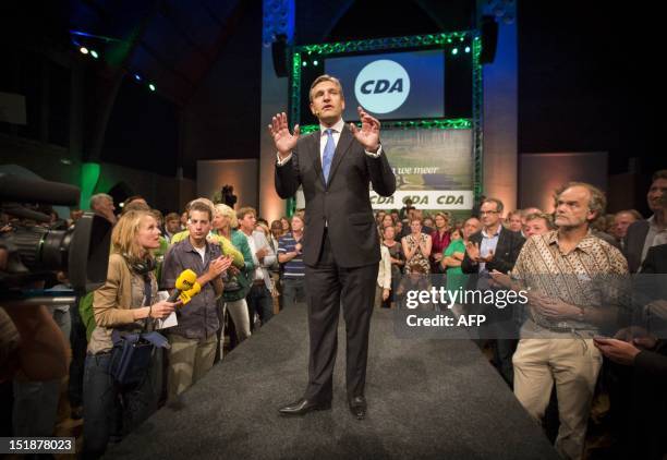 Leader of the Netherlands' Christian Democratic Appeal party Sybrand van Haersma Buma gives a speech on September 12, 2012 in the Hague after hearing...