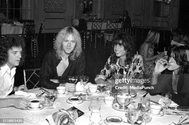 Joey Kramer, Steven Tyler, Tom Hamilton and Joe Perry of Aerosmith at the press conference before the premiere of Sgt. Pepper's Club Band at the...