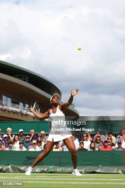 Sloane Stephens of United States plays a shot against Rebecca Peterson of Sweden during the Women's Singles first round match on day three of The...