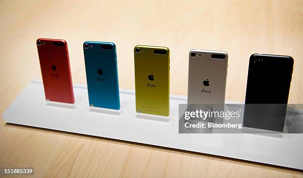 New Apple Inc. IPod Touch are displayed for a photograph during an event in San Francisco, California, U.S., on Wednesday, Sept. 12, 2012. Apple Inc....