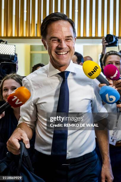 Outgoing Prime Minister Mark Rutte arrives for a debate on the fall of the cabinet at the House of Representatives in The Hague, on July 10, 2023....