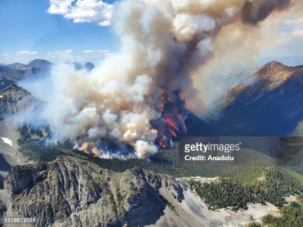 An aerial view of wildfire of Tatkin Lake in British Columbia, Canada on July 10, 2023.