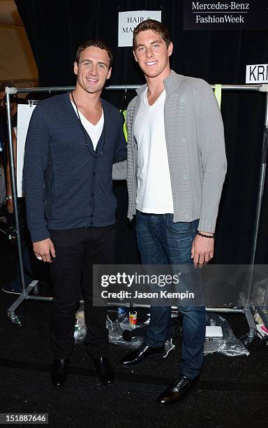 Ryan Lochte and Conor Dwyer pose backstage at the Milly By Michelle Smith Spring 2013 fashion show during Mercedes-Benz Fashion Week at The Stage...