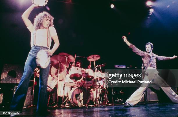 Singer Roger Daltrey and guitarist Pete Townshend performing on stage with English rock group The Who, circa 1976. Keith Moon is on drums.