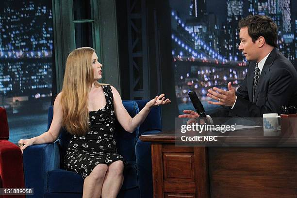 Episode 697 -- Pictured: Amy Adams during an interview with host Jimmy Fallon on September 12, 2012 --