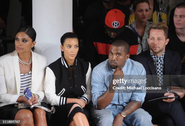 Rachel Roy, TV Personality Kim Kardashian, Rapper Kanye West and Derek Blasberg attend Louise Goldin Spring 2013 at Milk Studios on September 12,...