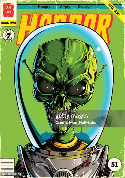 stockillustraties, clipart, cartoons en iconen met green alien in spacesuit comic book poster - et poster