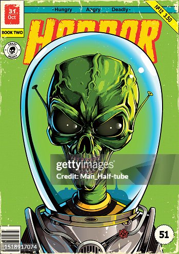 Green alien in spacesuit comic book poster Green alien in spacesuit comic book poster