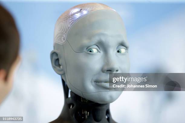 Human shaped robot Ameca of British manufacturer Engineered Arts interacts with visitors on July 06, 2023 in Geneva, Switzerland. Some 3,000 global...