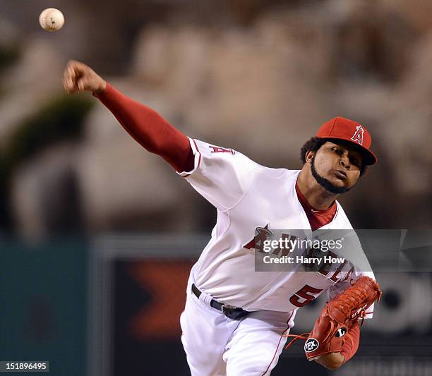 Ervin Santana of the Los Angeles Angels pitches against the Oakland Athletics during the first inning at Angel Stadium of Anaheim on September 12,...