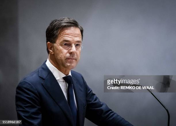 Outgoing Prime Minister Mark Rutte announces he is leaving politics during a debate in the House of Representatives following the fall of the...