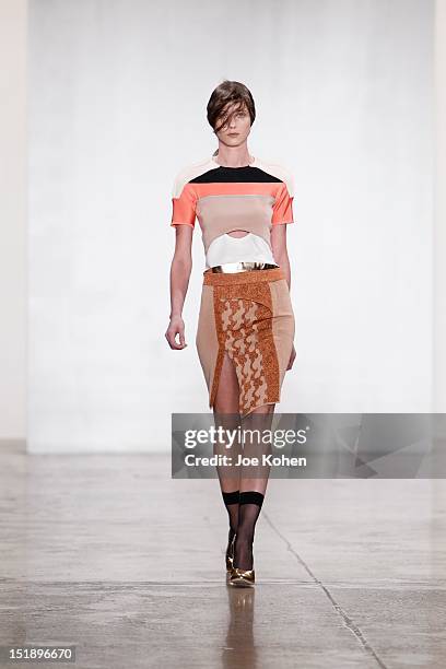 Model wearing Louise Goldin Spring 2013 at Milk Studios on September 12, 2012 in New York City.