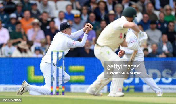 Zak Crawley of England catches out David Warner of Australia during Day One of the LV= Insurance Ashes 3rd Test Match between England and Australia...